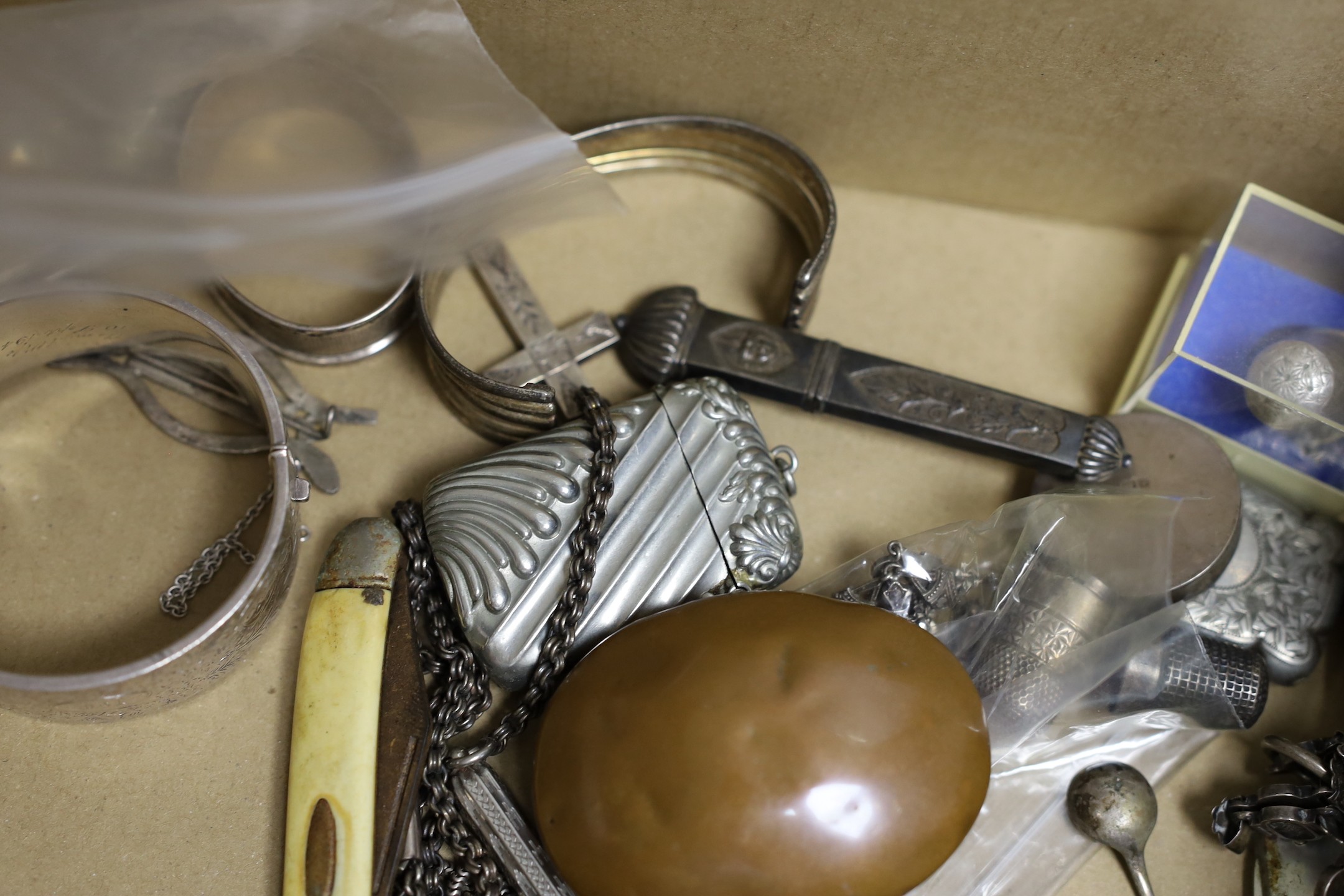 A group of assorted silver and base metal costume jewellery, boxes and miscellanea